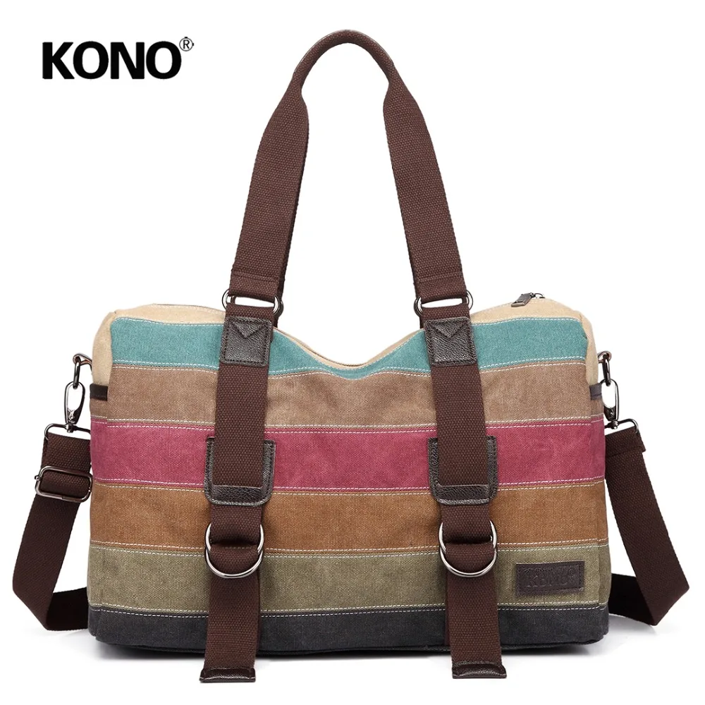 YD1710 KONO Women Rainbow Big Handbag Canvas Multi Color Stripes Hobo Top handle Bags Cross Body ...