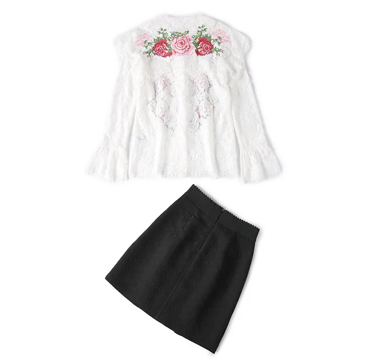 Flower Emboidery White Lace Shirt Black Skirt (2)