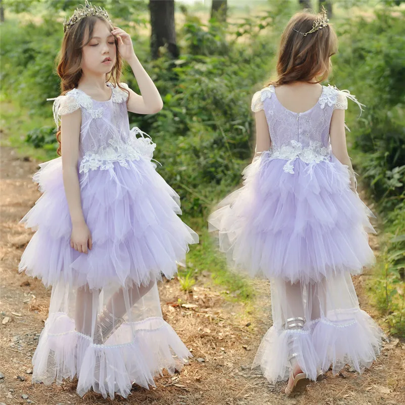 

New Lace Feathers Girl Flower Wedding Prom Gown Children Long Trained Evening Dress Girls Events Party Wear Kid Clothing G511