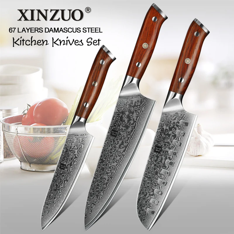 XINZUO 3 PCS Kitchen Knife Set Japanese Damascus Steel Stainless Steel