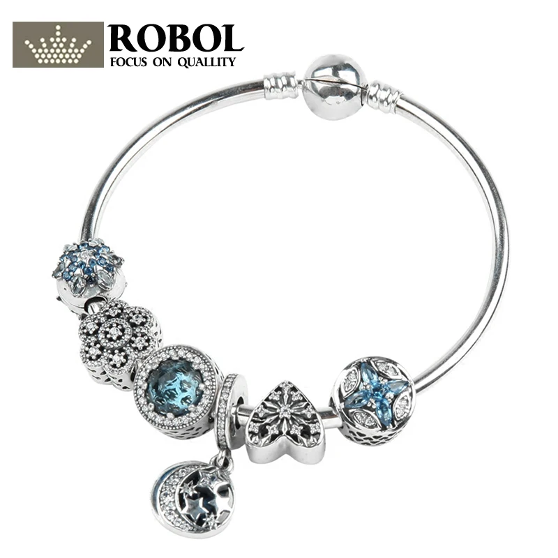 

ROBOL 100% 925 Sterling Silver Brand New 1:1 Genuine Ocean Heart Charm Bracelet Fairytale Star Lady Bracelet Set