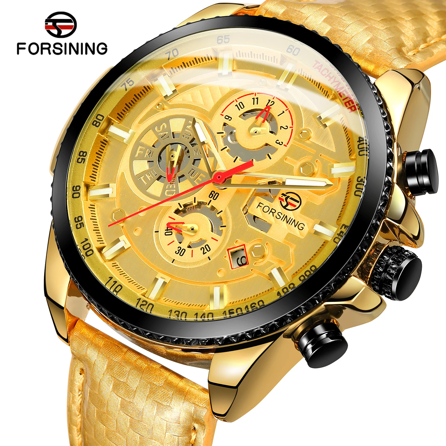 Forsining Three Dial Calendar Display Black Men Automatic Leather strap Wrist Watch Top Brand Luxury Military Sport Male Clock