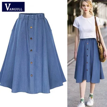 

VANGULL 2019 Summer Casual New Women Large Size Denim Skirt Loose Mid-Calf skirt Elastic Waist Single Breasted Classical Skirts