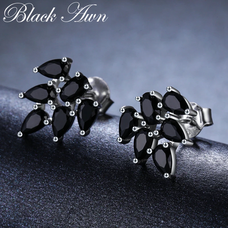 [BLACK AWN] изящное ювелирное изделие 925 пробы серебряные серьги черная шпинель лист Свадебные серьги гвоздики для женщин женские Bijoux I053
