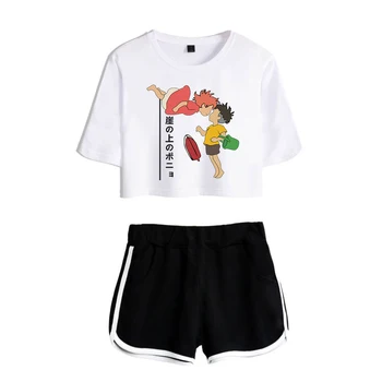 

Hot Ponyo On The Cliff Two-Piece Fashion New Summer casual Print Exposed Navel white T-Shirt+black short Women's Suit clothing