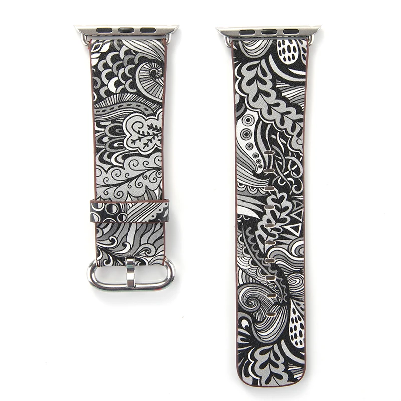  Leather Band Strap for Apple Watch 38 40/42 44mm Series 1/2/3/4 Flower Prints Vintage Floral National Folk Style Design Belt