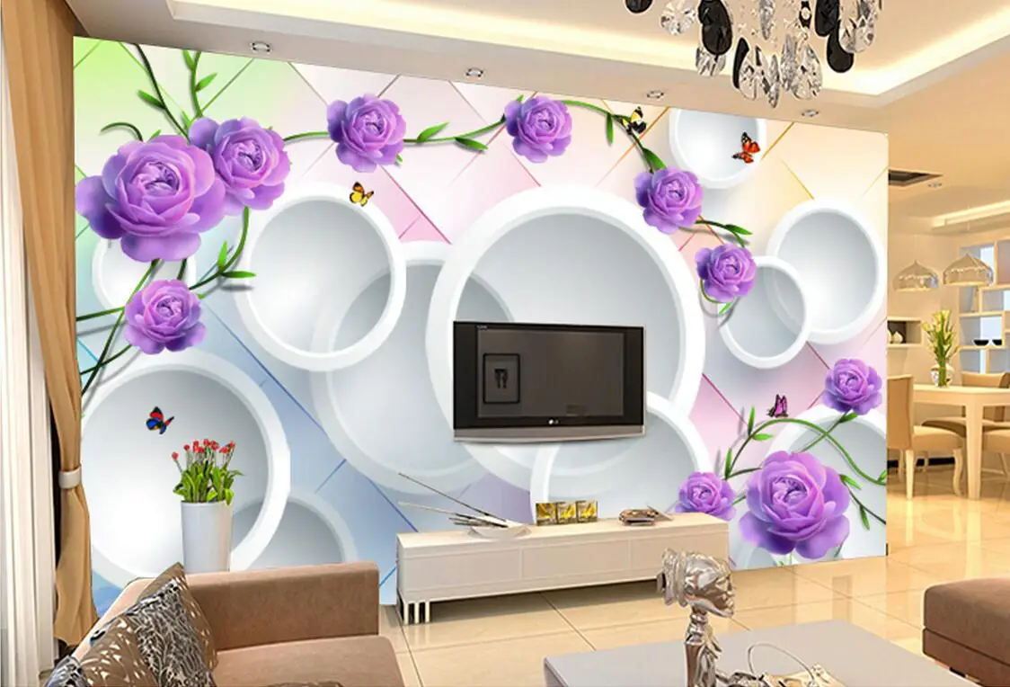 3D Ungu Wallpaper Bunga Mawar Foto Mural Untuk Hidup Roommural