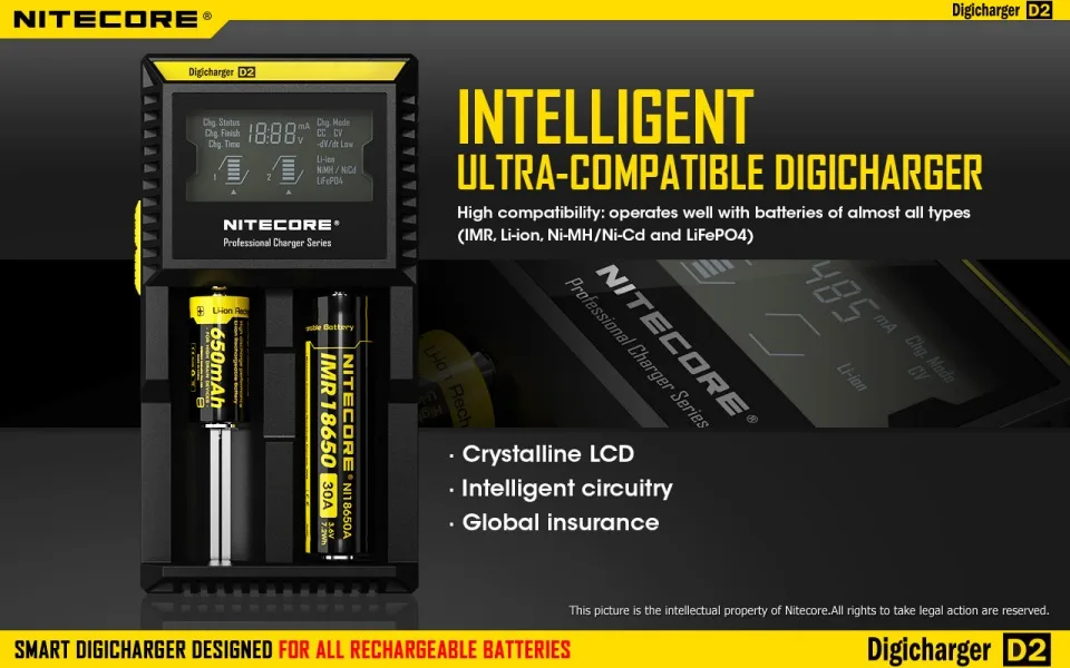 Nitecore D2 Digi Зарядное устройство ЖК-дисплей интеллектуальная схема глобального страхования Li-Ion 18650 26650 16340 14500 AA AAA автомобиля Батарея Зарядное устройство ЕС