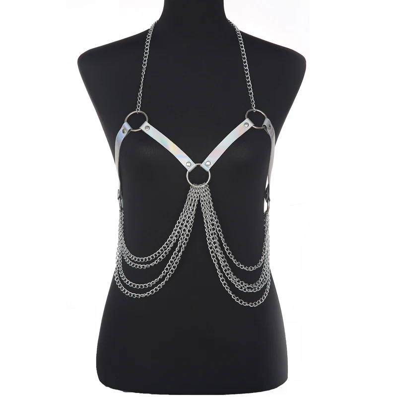 

Holographic Body chain harness Punk Rock Leather chain bra top Fashion bodychain festival Outifit Party Accessoriess Jewelry