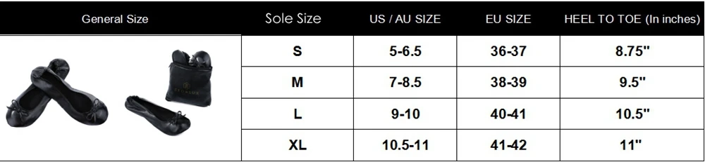 Eko & Lux foldable ballets size chart