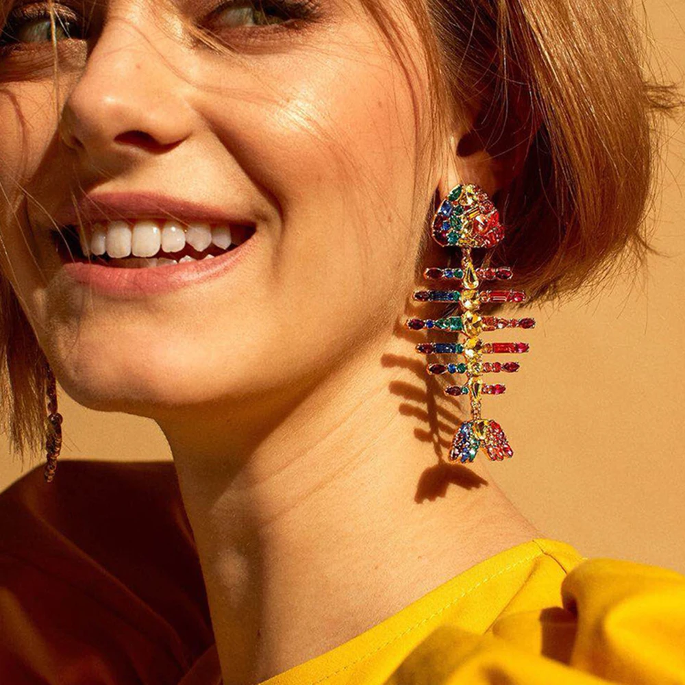 

Bohemian Fish Bones Statement Earrings for Women Girls Color Crystal Long Dangle Earrings Fashion Jewelry Bride Earrings