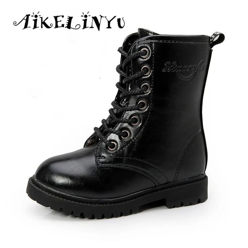 

AIKELINYU Children Boots winter Big Girl England Retro Martin Boots Kids Leather Boots Girl High Cylinder Waterproof Boots Boys