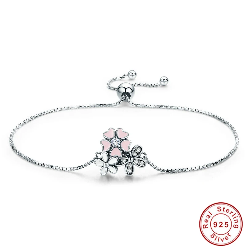 

Fashion New 100% 925 Sterling Silver Cherry Daisy Flower Chain Link Bracelet for Women Sterling 925 Silver Jewelry Gift 055