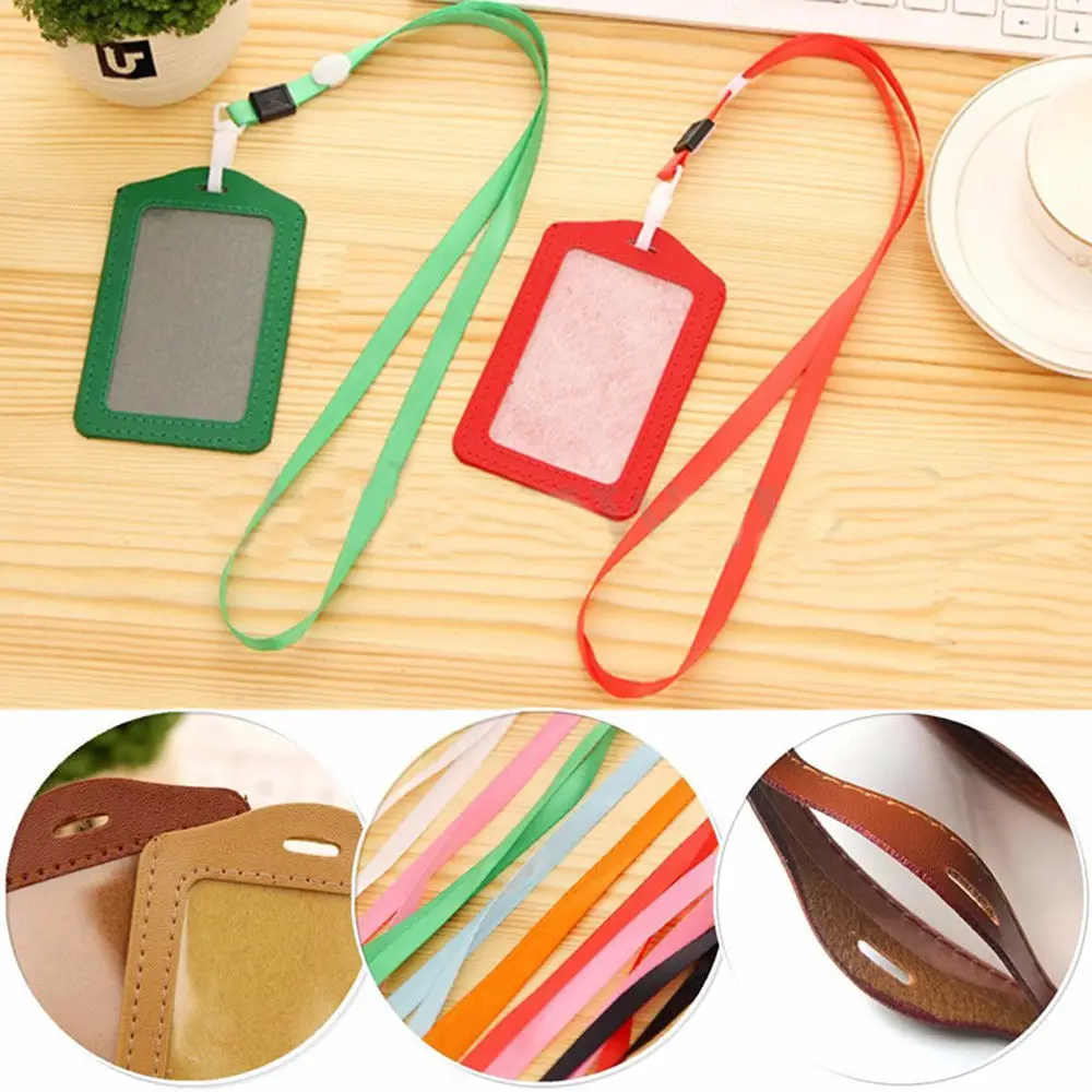 

PU 1pcs Leather Candy Colors Pocket ID Card Pass Badge Holders Case Neck Strap Lanyard School Office Supplies Free Shipping