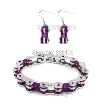

Free shipping! Bling Silver & Purple Bicycle Chain Motor Earring and Bracelet Stainless Steel Jewelry Women Biker Set SJB0152S