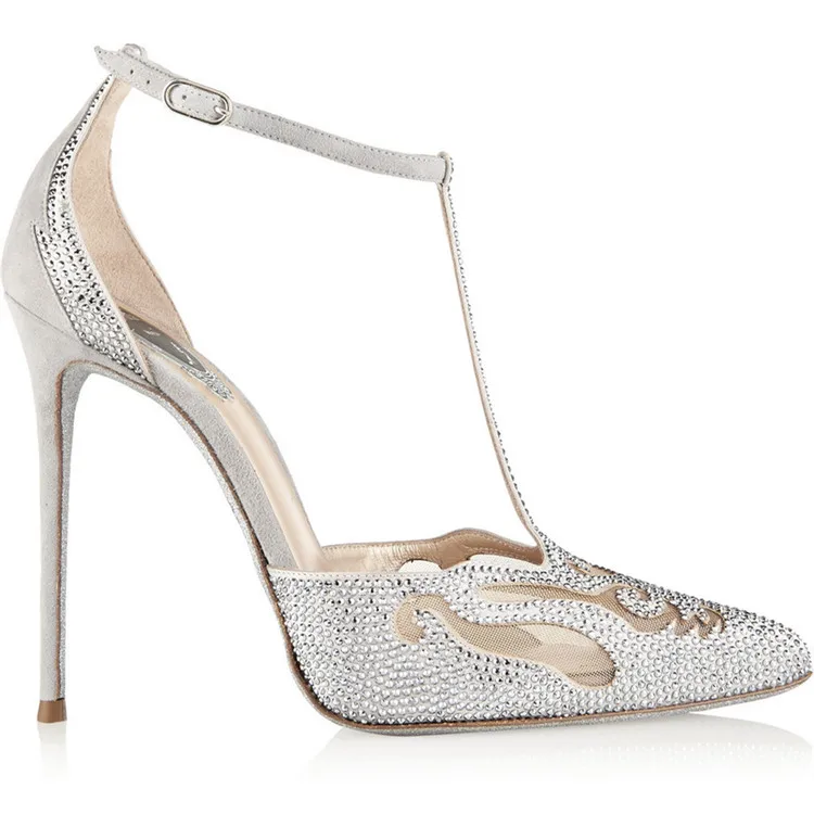 

Hot Selling Cutouts Pointed Toe T-strap High Heel Shoes 2018 Woman Sexy Crystal Embellished Thin Heels Shoes Party Dress Shoe
