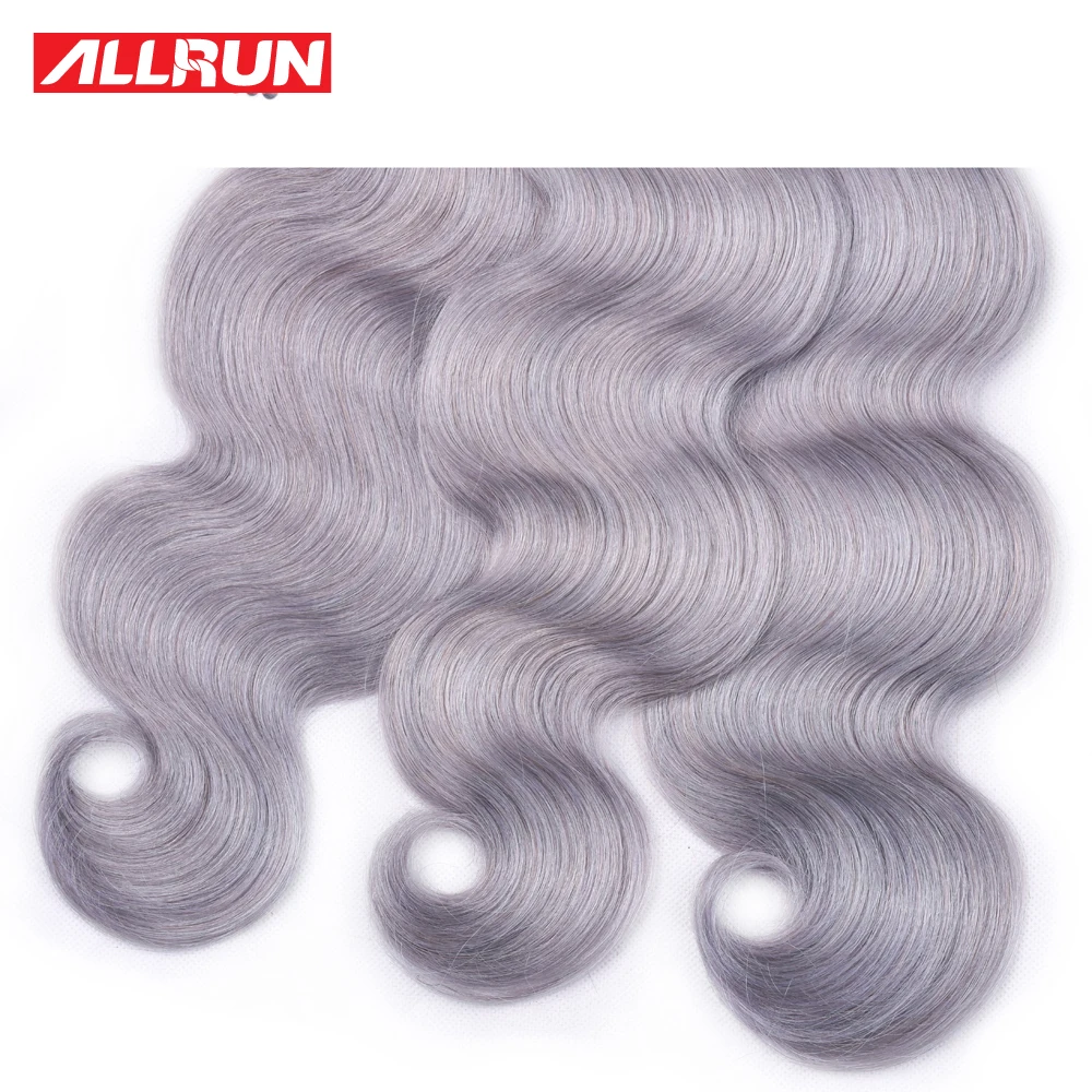 Best Pre-Colored Pure Grey Human Hair Weave with Frontal Allrun Brazilian Body Wave Remy Hair 3 Bundles With 13*4 Lace Closure Deals 3