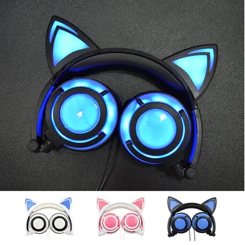 

For Tablet Computer Phone Foldable Cute Glowing Cat Ear Headphone Gaming Headset LED Flash Light with USB Chargeable Earphone