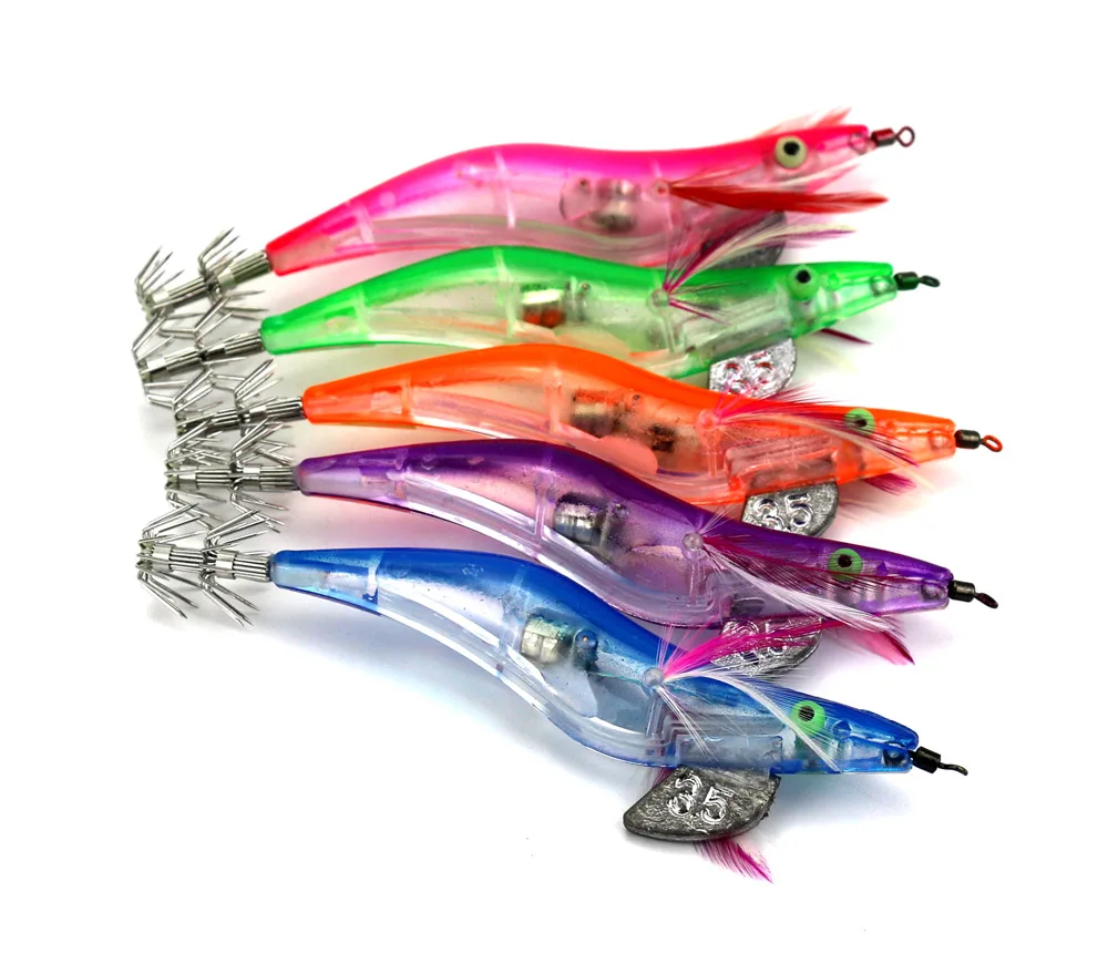 Big Sale 5pcs New Shrimp Fishing lures Artificial Electronic Squid Jigs Light Wooden Tackles Lead Head Baits 12.8cm 29g | Спорт и