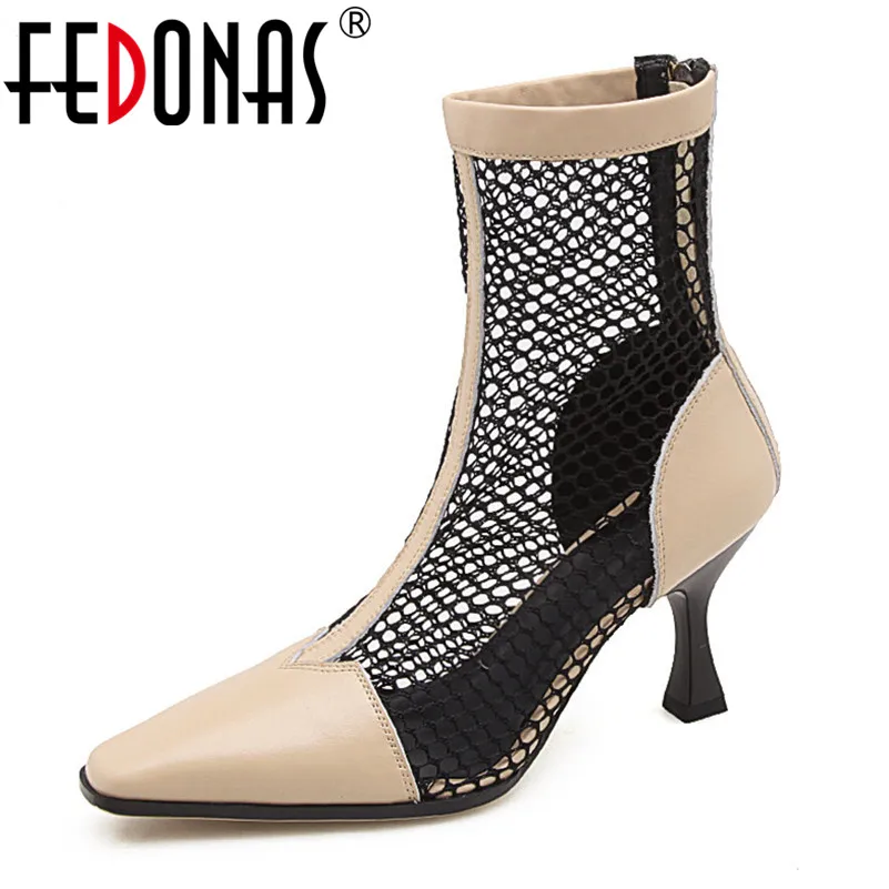 

FEDONAS New Cow Leather Ankle Boots Sexy Cut-outs High Heeled Zipper Wedding Party Shoes Woman Punk Club Short Boots For Women