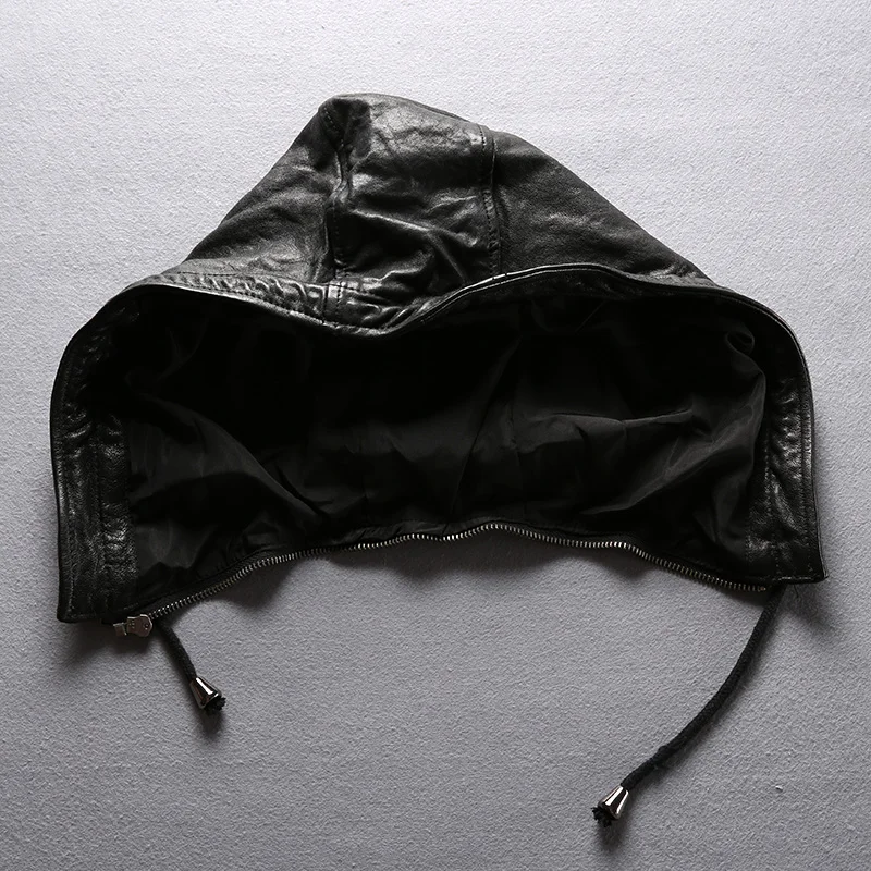 Мужская мотоциклетная куртка из натуральной овечьей кожи с капюшоном|Кожаные