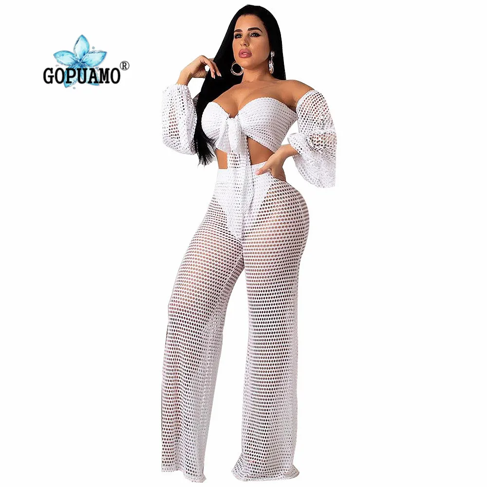 

Sexy Club Two Piece Set Women Clothes Fishnet Corp Top and Pants 2pcs Matching Sets See Through Summer Beach Outfits 2019