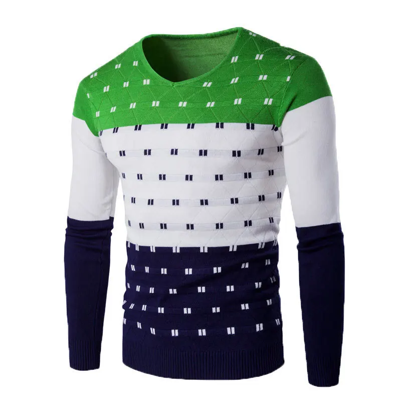 Весенний осенний мужской свитер в стиле пэчворк, хлопковый тонкий пуловер с v-образным вырезом, простая теплая удобная верхняя одежда по низкой цене - Цвет: Green