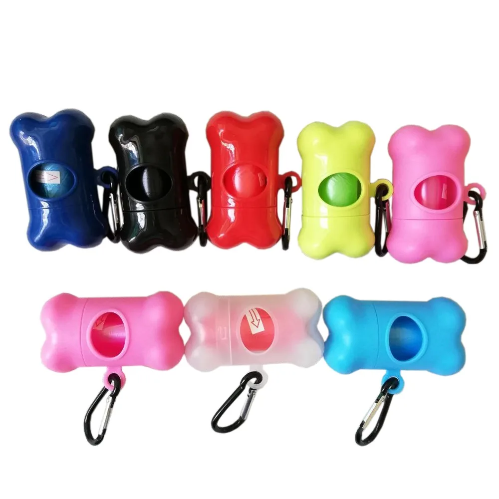 

1Roll+1 Bag Bone Pet Dog Pooper Scoopers Clean up Bags Carrier Holder Dispenser Poop Bags Set Pet Poop Waste Bags 8 Color