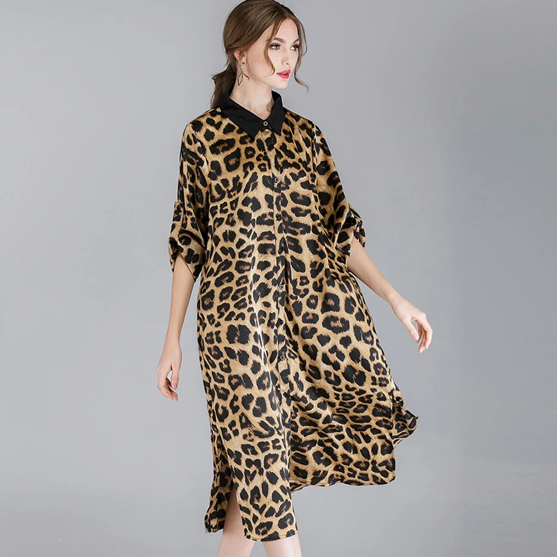 

Plus size Women's casual A-line dresses leopard turn down collar Elegant dress Large size ladies' Spring new loose dress belt