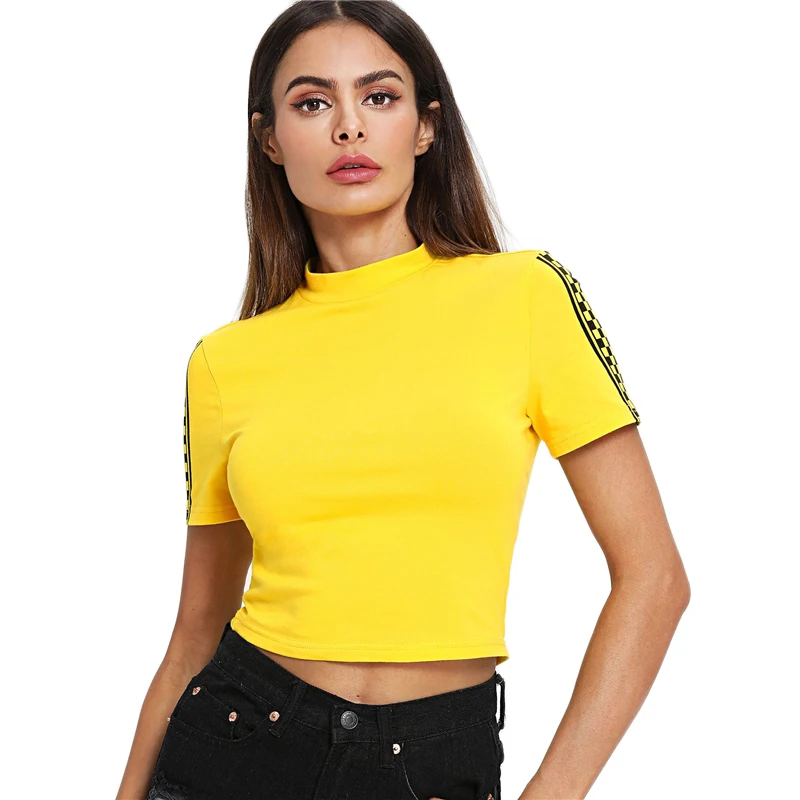 ROMWE футболка в клетку с воротником-стойкой, шикарная желтая Гламурная футболка со стоячим воротником и коротким рукавом, женская модная футболка