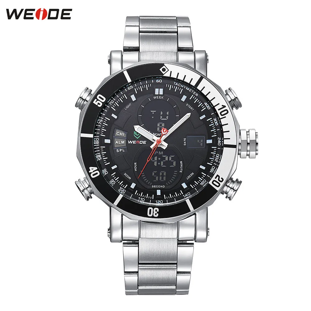 

Original Fashion WEIDE 3ATM Waterproof Sport Watch Men Digital Quartz Watch LED Dual Time Black Steel Band Wristwatches Relogios