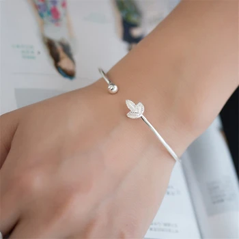 

Fashion 925 Sterling Silver Jewelry Female Simple Leaf Bangle&Bracelet For Women Cuff Bangles pulsera de plata