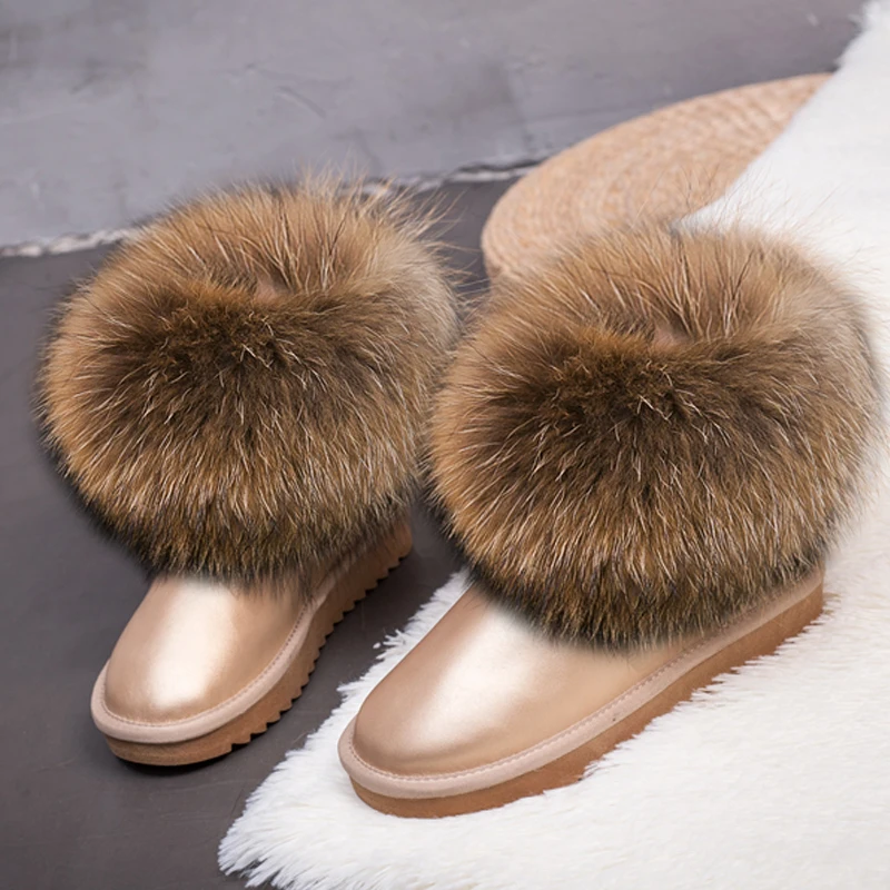 RUIYEE/женские зимние ботинки; кожаные зимние ботинки; женские ботинки на лисьем меху; Новинка года; Теплая обувь с натуральным мехом - Цвет: Light gold