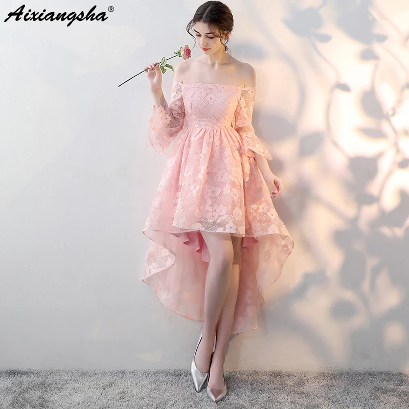 

Lace High Low Prom Dresses 2018 Three Quarter vestido de festa Prom Dress Elgent Plus Size vestido longo Vintage Candy Color