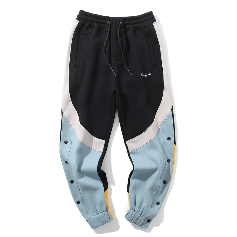 

Streetwear Men Hip Hop Fleece Joggers Pants Elastic Stretch Side Button Patchwork Sweatpants 2019 Ins Men's Casual Trousers
