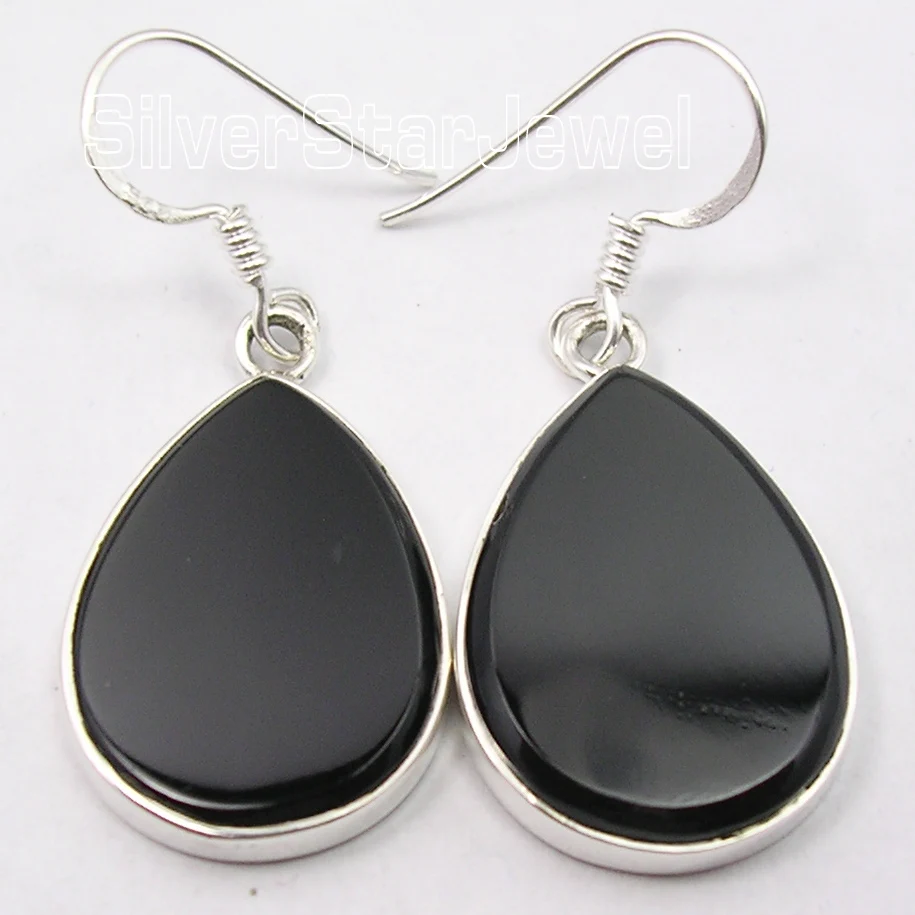 

Chanti International . Solid Silver BLACK ONYX FLAT GemS WOMEN'S Earrings Pair 4CM 6.1 Grams