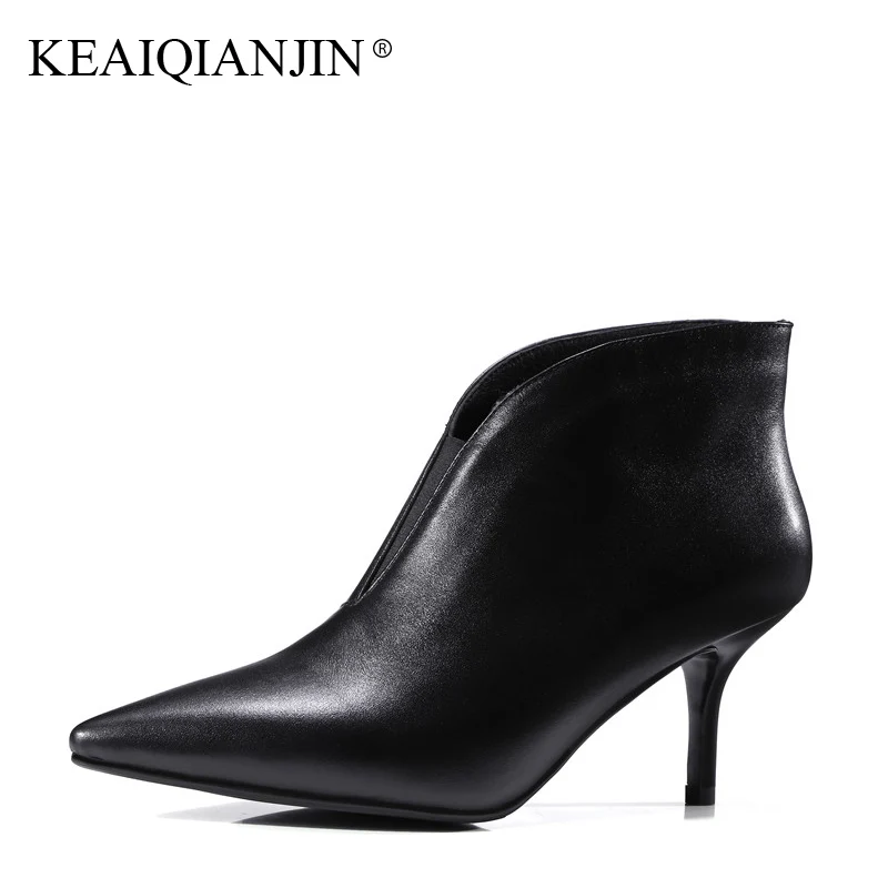 

KEAIQIANJIN Woman Pointed Toe Boots Work Safety Black Green High Heel Boots Autumn Winter Shoes Genuine Leather Ankle Boots 2017