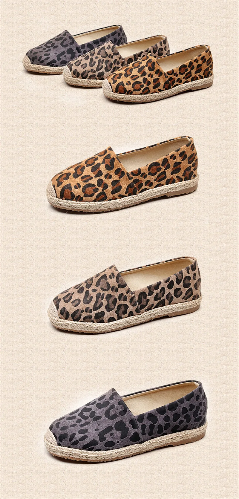 D Knight Leopard Grain Flat Shoes Women Hemp Fisherman Espadrilles Loafers Casual Round Toe Women Flat Shoes Size Big Size 35-40 (31)