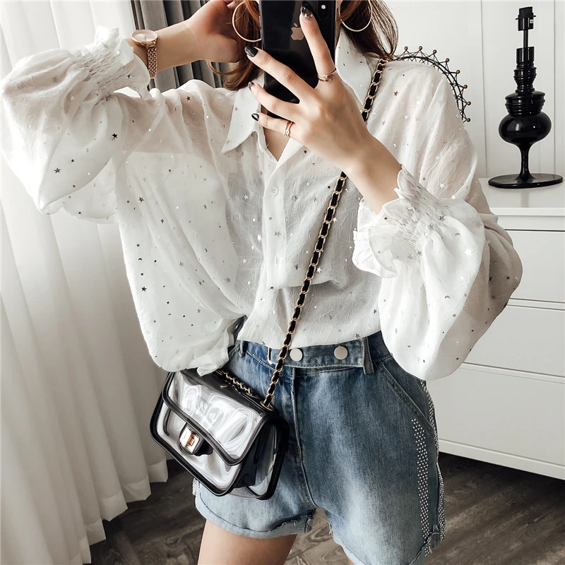 

2019 Spring and Summer Elegant Women Shirts Chiffon Casual Shirts Button Full Solid Turn-down Collar Shirts Streetwear