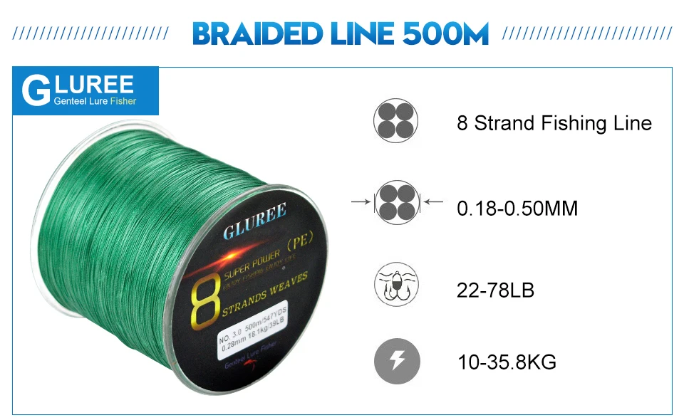 GLUREE 500M 547Yards 8 Stands PE Line Braided Fishing Line 100% PE Multifilament Fishing Line Super Strong High Quality 22-78LB (10)