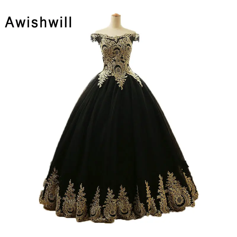 

New Arrival Black Quinceanera Dresses With Gold Lace Vestidos de 15 Anos Debutante Gowns Off the Shoulder Prom Dress Party Gown