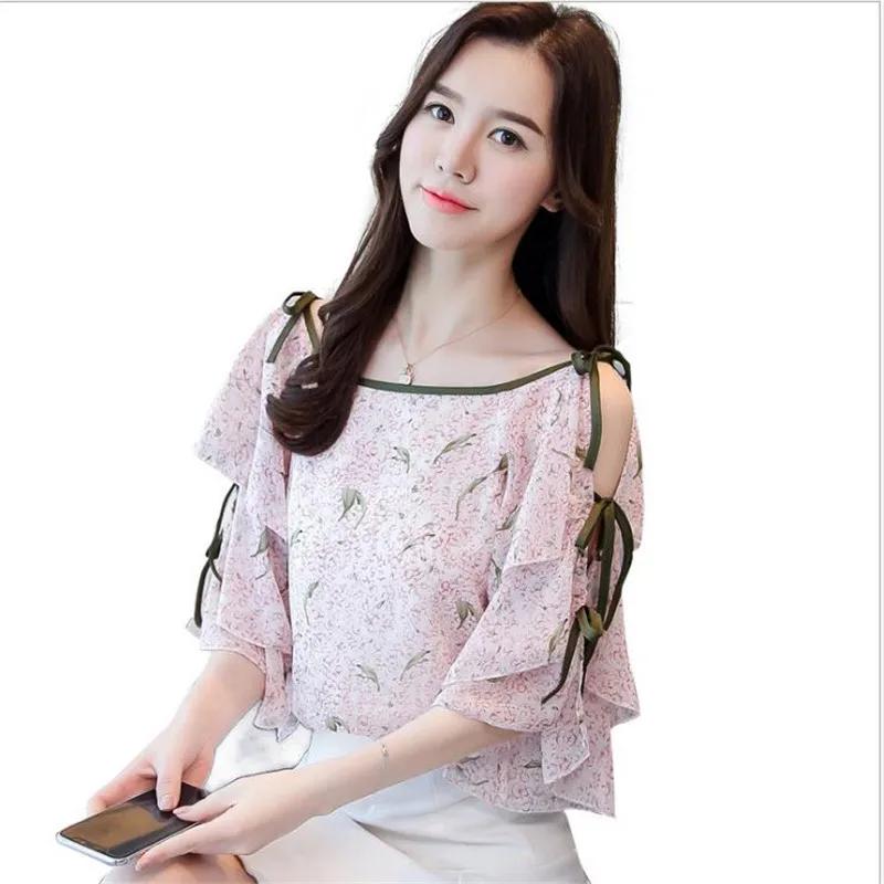 Sweet Summer Women Chiffon 2018New Summer Lace Up Blouses