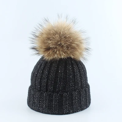 Натуральный мех помпона вязаная шапка шапки теплая зимняя шапка для женщин вязаные шапки - Цвет: Черный