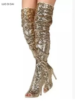 

2019 summer women over knee high boots fashion peep toe bling boots shine sequin leather party shoes thigh high women booties