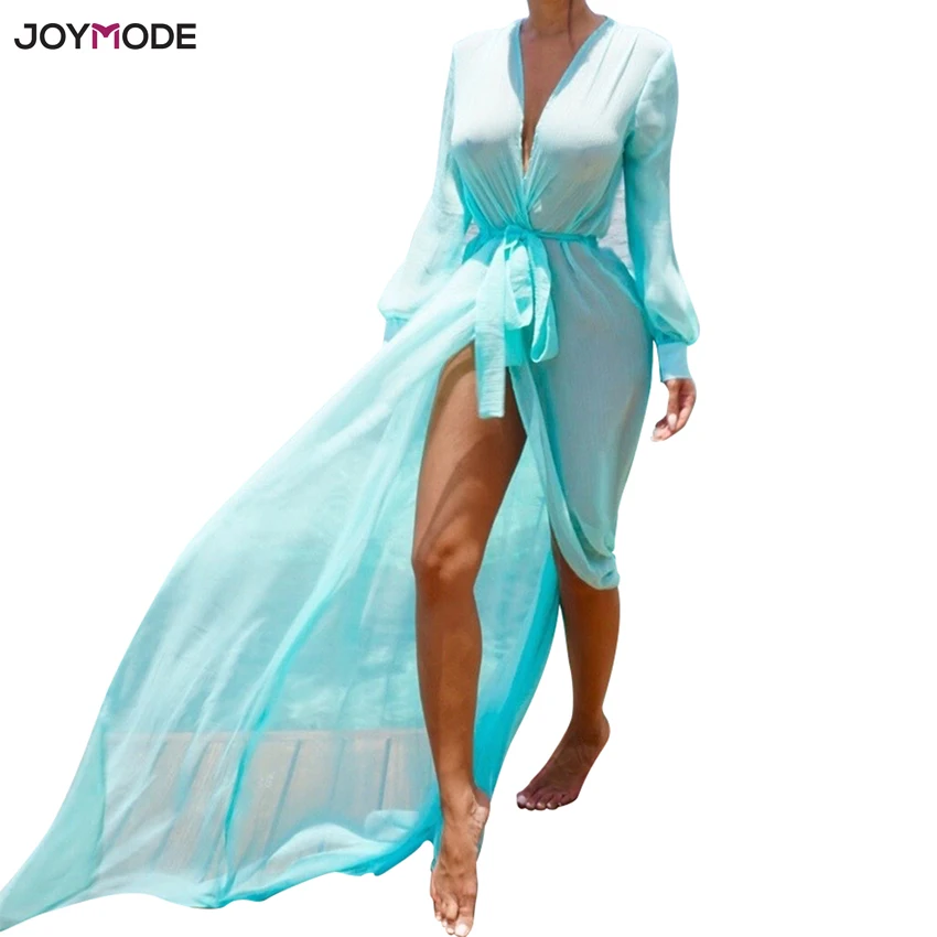 

JOYMODE Beach Dress Women Chiffon Long Sleeve Mesh Sheer Bikini Cover Ups Swimwear Blouse Sundress Pareos Praia Sun Protection