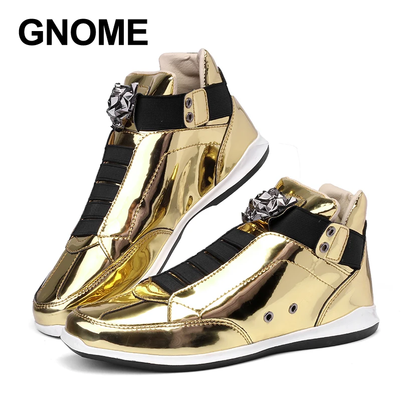 

GNOME Leopard Head Design Men Leather Casual Shoes Bling Gold Silver PU Leather Male Shoes High Top Slip On Sneakers Men Shoes