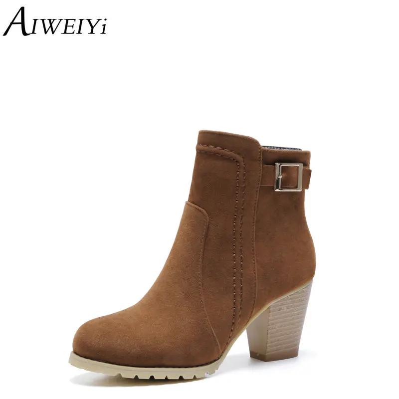 

AIWEIYi Flock High Heels Ankle Boots Round toe Buckle Design Autumn Winter Shoes Black Booties