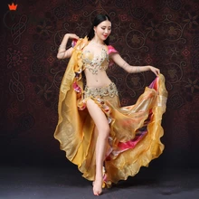 for oriental dance Women Dancewear Belly Dancing Clothes Oriental Dance Outfits Bra Belt Skirt Belly Dance Beaded Costume Golden 2018 performance belly dancing egyptian costumes oriental dace bra belt skirt belly dance 3pcs costume set