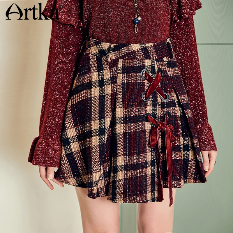 Goedkoop ARTKA 2018 Herfst en Winter Vrouwen Vintage Plaid Rok Bandage Onregelmatige Zoom Lijn All Match Mini Rok QA10689Q