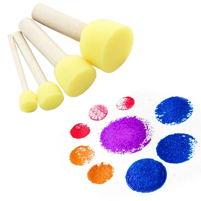 4 Set Yellow Sponge Paint Brush Seal Sponge Brush Wooden Handle